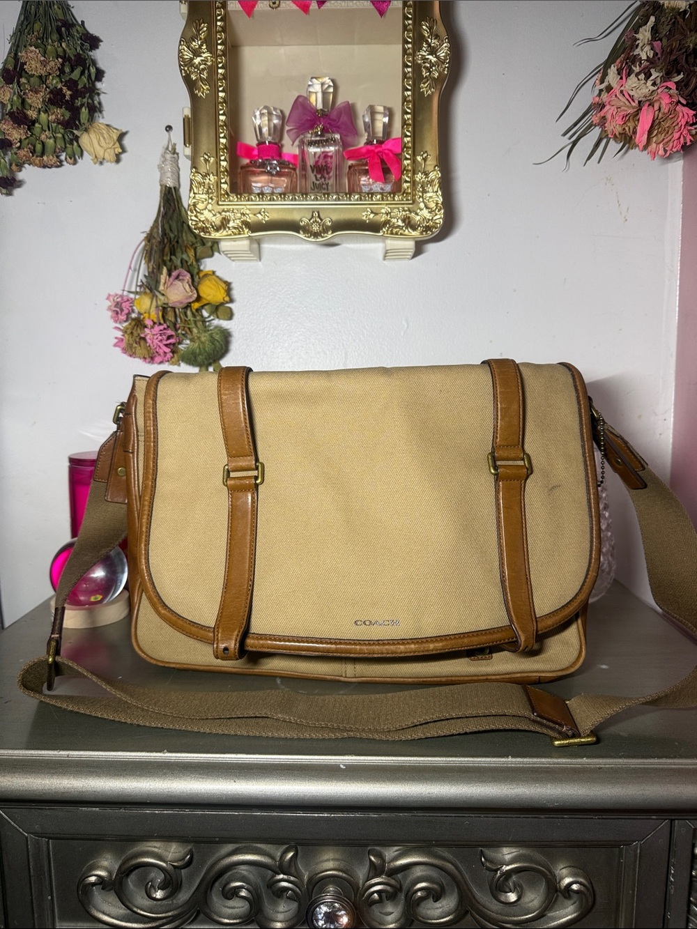 Coach Beige Canvas Messenger Bag with Brown Leather Trim
